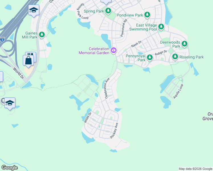 map of restaurants, bars, coffee shops, grocery stores, and more near 1107 Lutyens Lane in Celebration