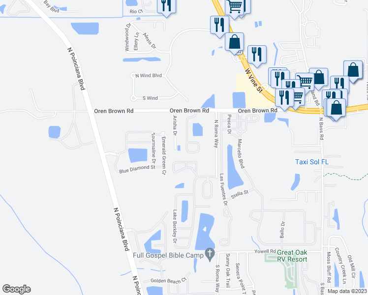 map of restaurants, bars, coffee shops, grocery stores, and more near 1175 Seasons Boulevard in Kissimmee