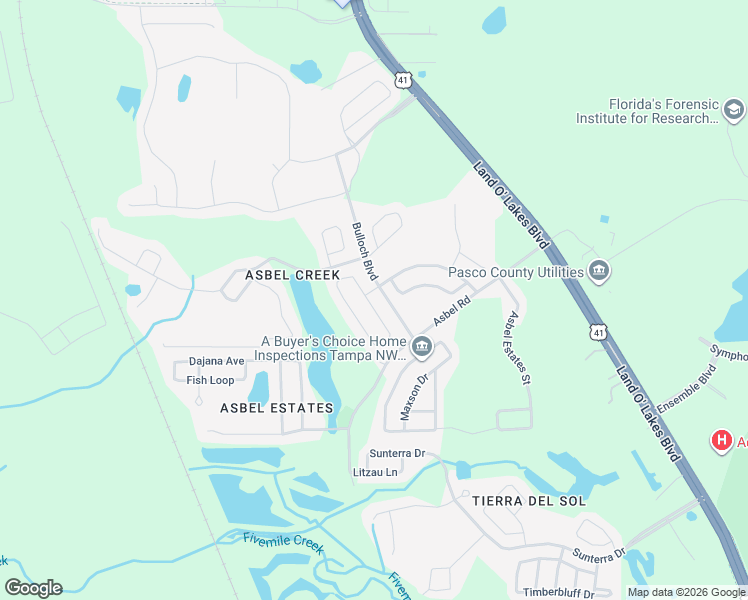 map of restaurants, bars, coffee shops, grocery stores, and more near 9607 Jasmine Brook Circle in Land O' Lakes