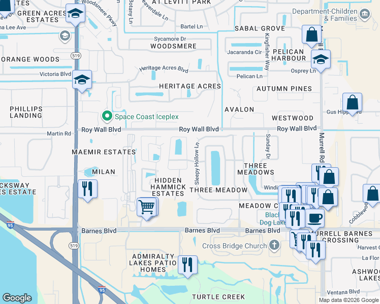 map of restaurants, bars, coffee shops, grocery stores, and more near 1237 Sleepy Hollow Lane in Rockledge