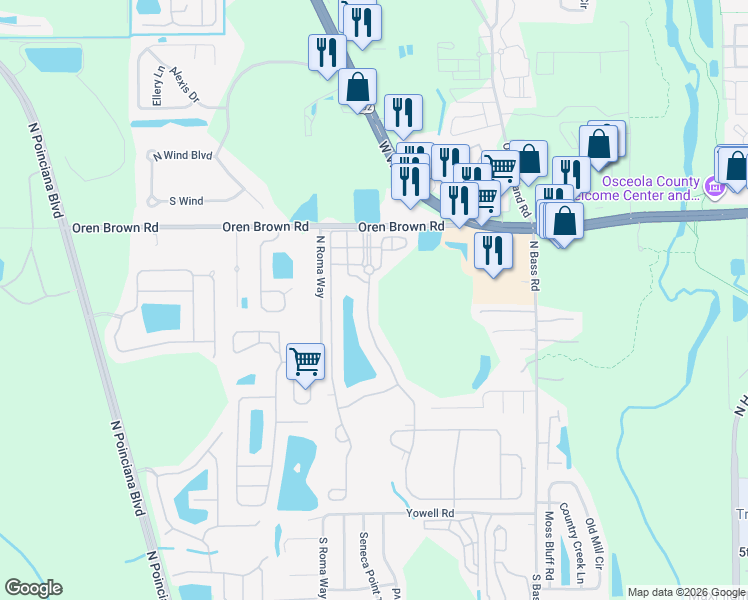 map of restaurants, bars, coffee shops, grocery stores, and more near 1090 Marcello Boulevard in Kissimmee