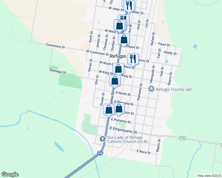 map of restaurants, bars, coffee shops, grocery stores, and more near 105 West North Street in Refugio