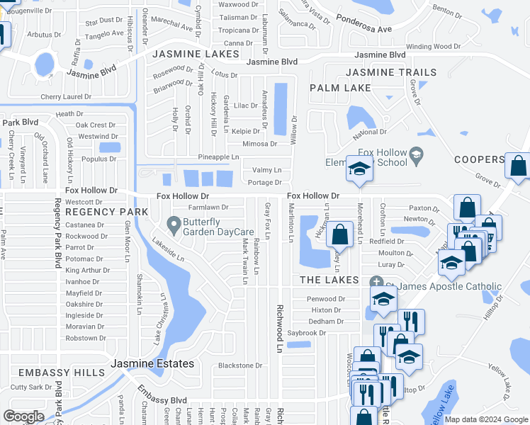 map of restaurants, bars, coffee shops, grocery stores, and more near 9905 Gray Fox Lane in Port Richey