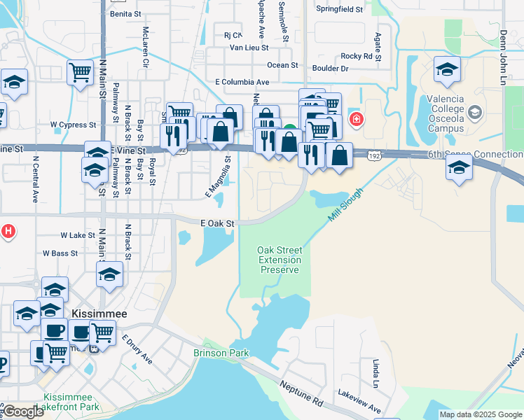 map of restaurants, bars, coffee shops, grocery stores, and more near 1225 Utica Drive in Kissimmee