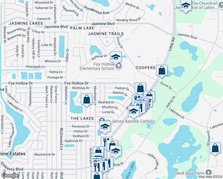 map of restaurants, bars, coffee shops, grocery stores, and more near 8416 Newton Drive in Port Richey