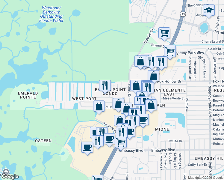 map of restaurants, bars, coffee shops, grocery stores, and more near 9961 Eagles Point Circle in Port Richey