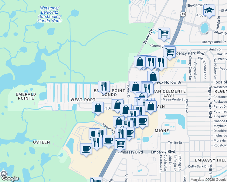 map of restaurants, bars, coffee shops, grocery stores, and more near 9991 Eagles Point Circle in Port Richey