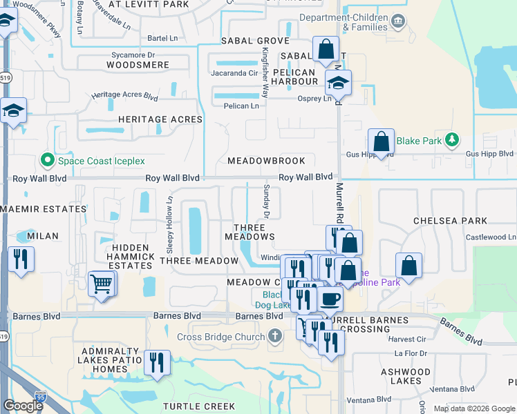 map of restaurants, bars, coffee shops, grocery stores, and more near 1196 Winding Meadows Road in Rockledge