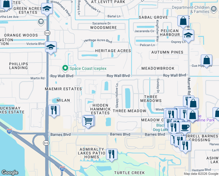 map of restaurants, bars, coffee shops, grocery stores, and more near 1237 Sleepy Hollow Lane in Rockledge