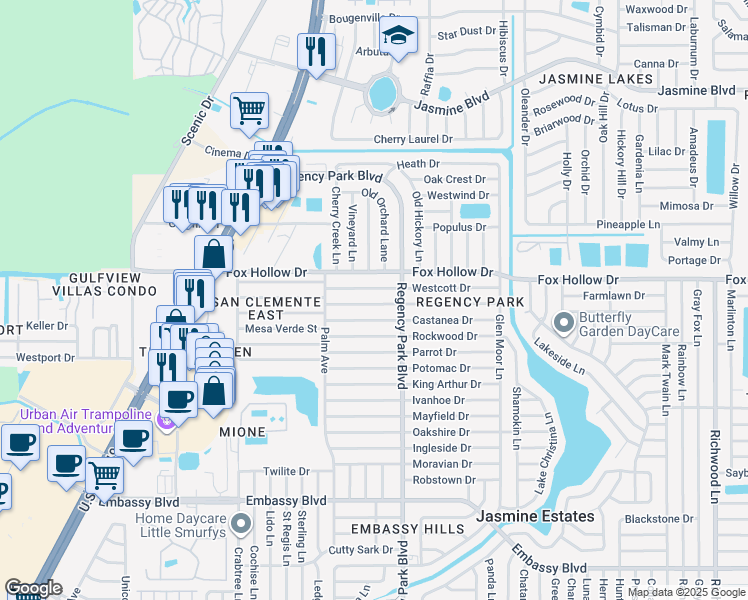 map of restaurants, bars, coffee shops, grocery stores, and more near 7115 Brentwood Drive in Port Richey