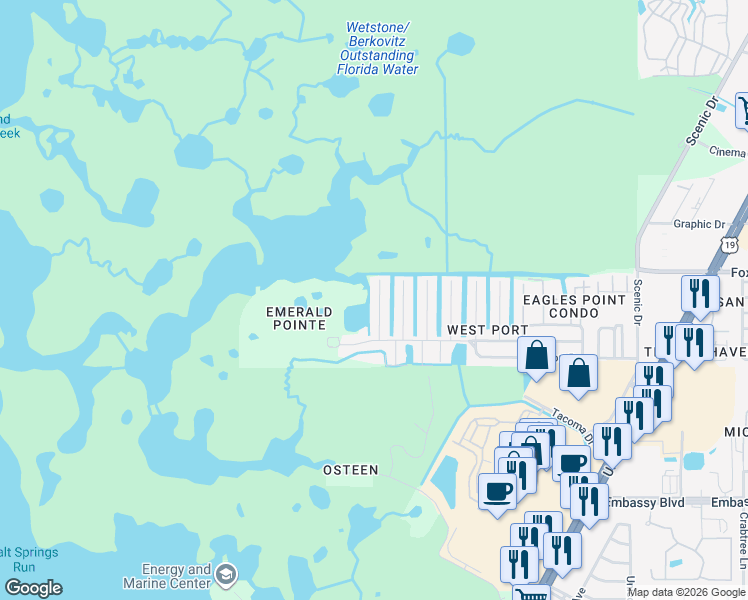 map of restaurants, bars, coffee shops, grocery stores, and more near 9829 San Diego Way in Port Richey