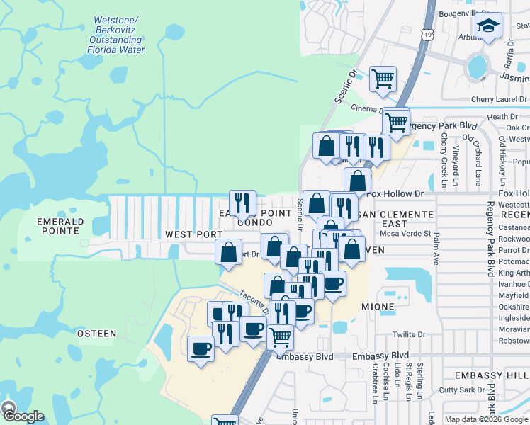 map of restaurants, bars, coffee shops, grocery stores, and more near 9910 Eagles Point Circle in Port Richey