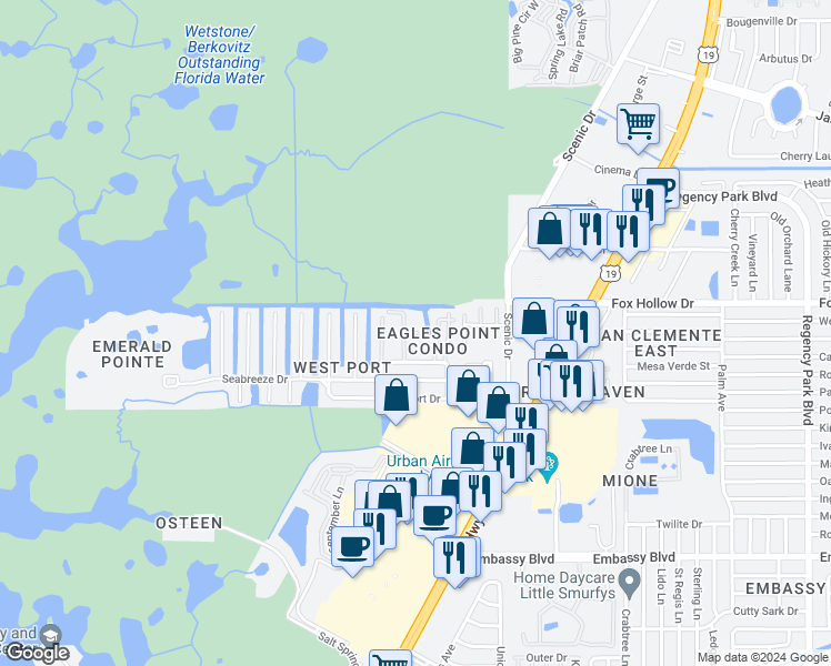 map of restaurants, bars, coffee shops, grocery stores, and more near 9930 Aquarius Drive in Port Richey