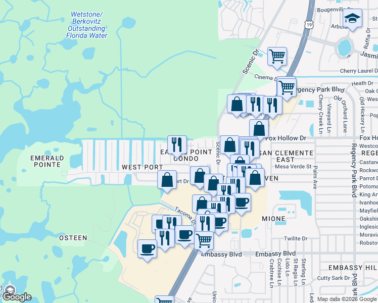 map of restaurants, bars, coffee shops, grocery stores, and more near 9991 Eagles Point Circle in Port Richey