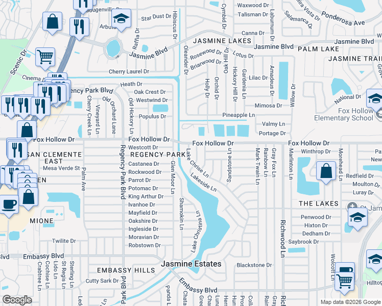 map of restaurants, bars, coffee shops, grocery stores, and more near 7515 Fox Hollow Drive in Port Richey