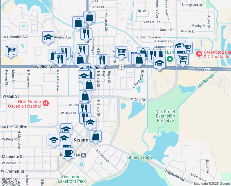 map of restaurants, bars, coffee shops, grocery stores, and more near 1107 Royal Street in Kissimmee