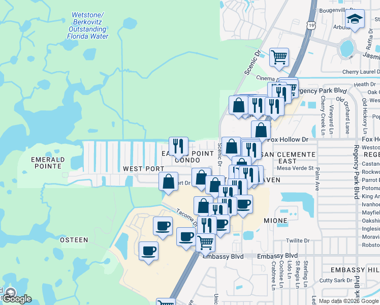 map of restaurants, bars, coffee shops, grocery stores, and more near 9961 Eagles Point Circle in Port Richey