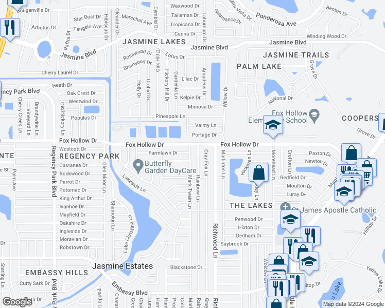 map of restaurants, bars, coffee shops, grocery stores, and more near 9910 Mark Twain Lane in Port Richey