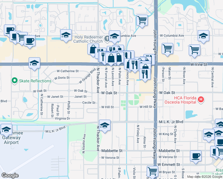 map of restaurants, bars, coffee shops, grocery stores, and more near 1107 North Forrest Avenue in Kissimmee