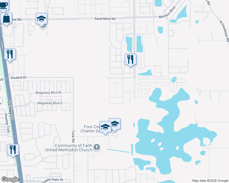 map of restaurants, bars, coffee shops, grocery stores, and more near Armadillo Avenue in Kissimmee
