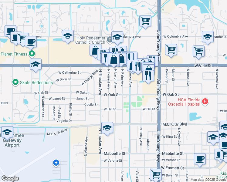 map of restaurants, bars, coffee shops, grocery stores, and more near 1107 North Forrest Avenue in Kissimmee