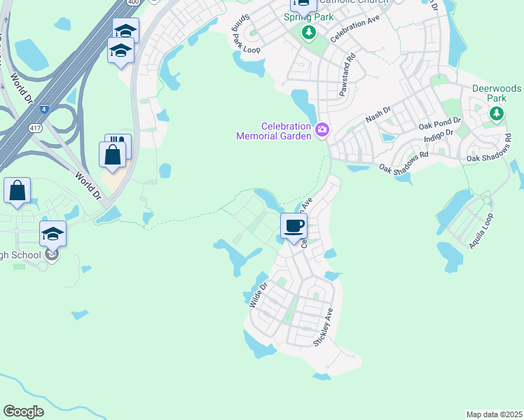 map of restaurants, bars, coffee shops, grocery stores, and more near 1210 Vaux Boulevard in Celebration