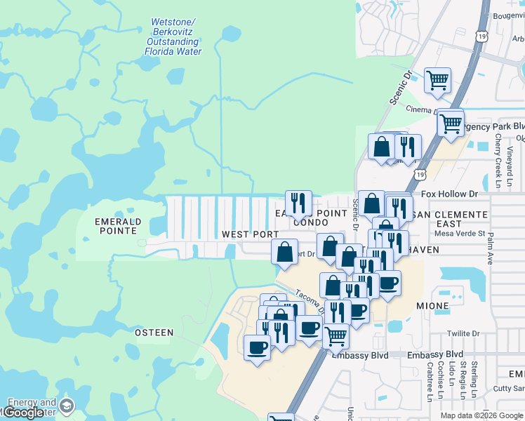 map of restaurants, bars, coffee shops, grocery stores, and more near 9926 Island Harbor Drive in Port Richey
