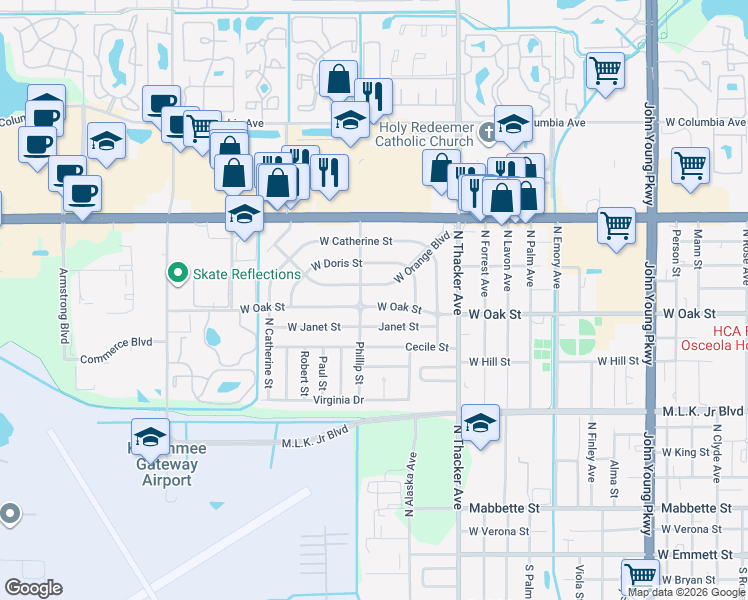 map of restaurants, bars, coffee shops, grocery stores, and more near 2329 West Orange Boulevard in Kissimmee