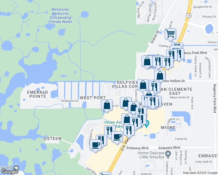 map of restaurants, bars, coffee shops, grocery stores, and more near 9931 Aquarius Drive in Port Richey