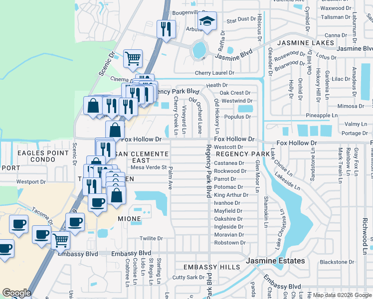 map of restaurants, bars, coffee shops, grocery stores, and more near 7034 Westcott Drive in Port Richey