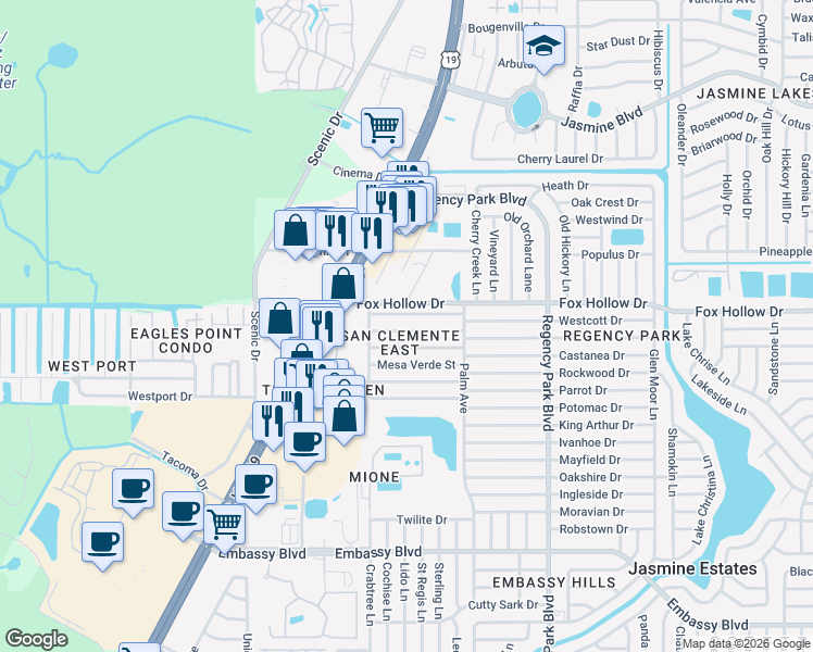 map of restaurants, bars, coffee shops, grocery stores, and more near 6841 Amarillo Street in Port Richey