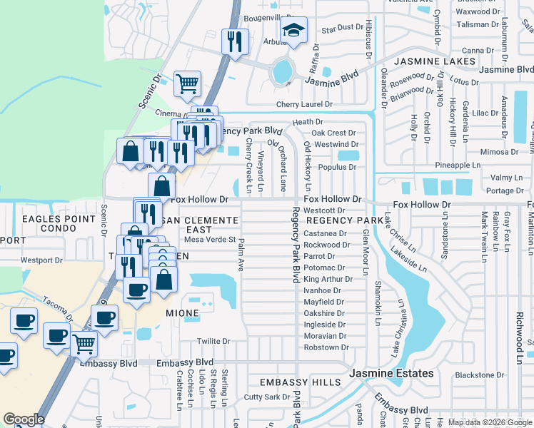 map of restaurants, bars, coffee shops, grocery stores, and more near 7040 Westcott Drive in Port Richey