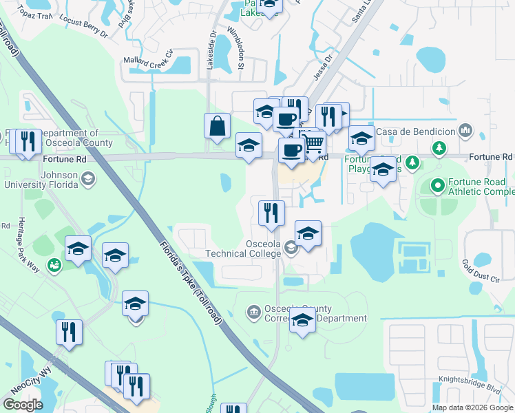 map of restaurants, bars, coffee shops, grocery stores, and more near 851 Country Crossing Court in Kissimmee