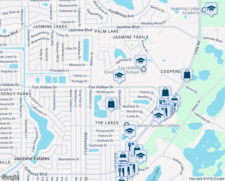 map of restaurants, bars, coffee shops, grocery stores, and more near 8231 Fox Hollow Drive in Port Richey