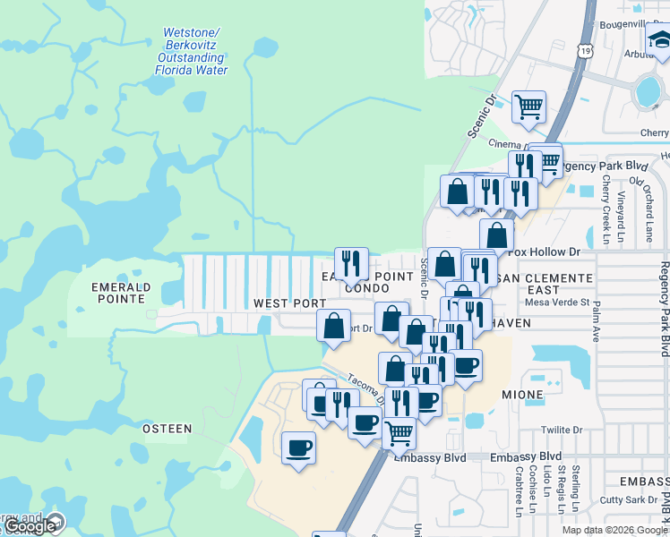 map of restaurants, bars, coffee shops, grocery stores, and more near 9919 Aquarius Drive in Port Richey