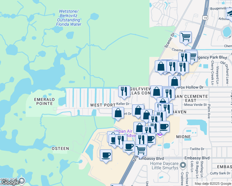 map of restaurants, bars, coffee shops, grocery stores, and more near 9920 Grace Drive in Port Richey