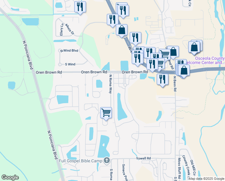 map of restaurants, bars, coffee shops, grocery stores, and more near 1050 Las Fuentes Drive in Kissimmee