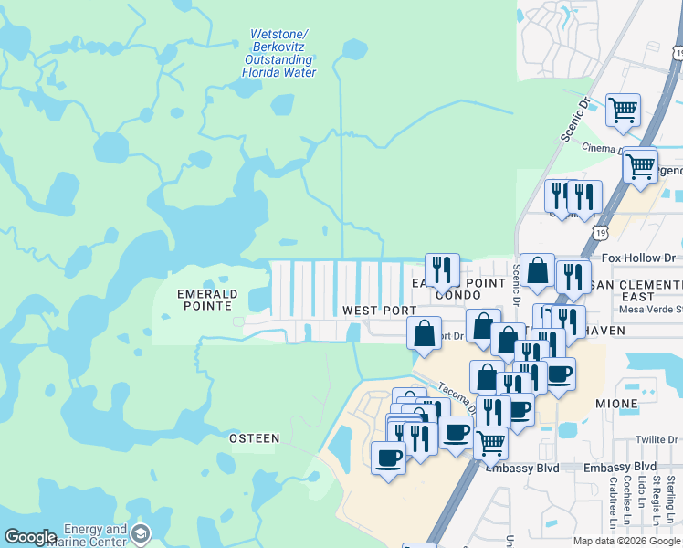 map of restaurants, bars, coffee shops, grocery stores, and more near 9930 San Mateo Way in Port Richey