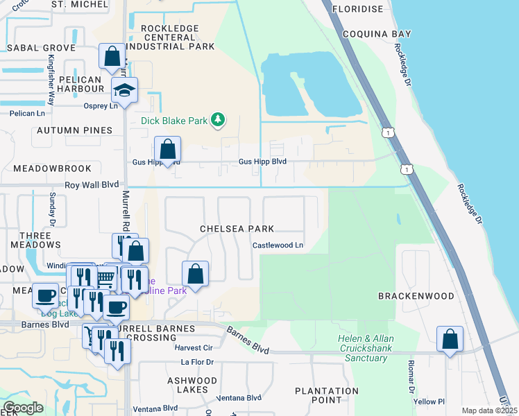 map of restaurants, bars, coffee shops, grocery stores, and more near 386 Tunbridge Drive in Rockledge