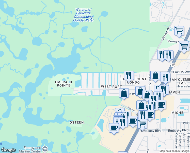 map of restaurants, bars, coffee shops, grocery stores, and more near 9930 San Mateo Way in Port Richey