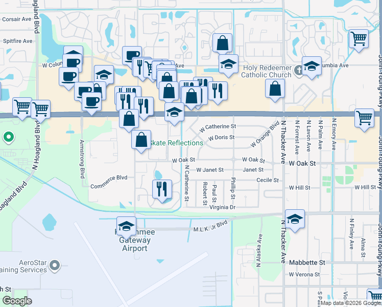map of restaurants, bars, coffee shops, grocery stores, and more near 1007 West Catherine Street in Kissimmee