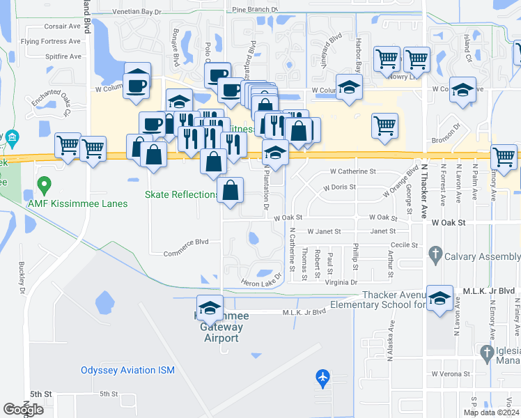 map of restaurants, bars, coffee shops, grocery stores, and more near 1052 North Plantation Drive in Kissimmee