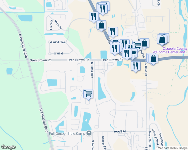 map of restaurants, bars, coffee shops, grocery stores, and more near 1050 Las Fuentes Drive in Kissimmee