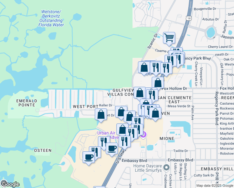 map of restaurants, bars, coffee shops, grocery stores, and more near 9936 Eagles Point Circle in Port Richey