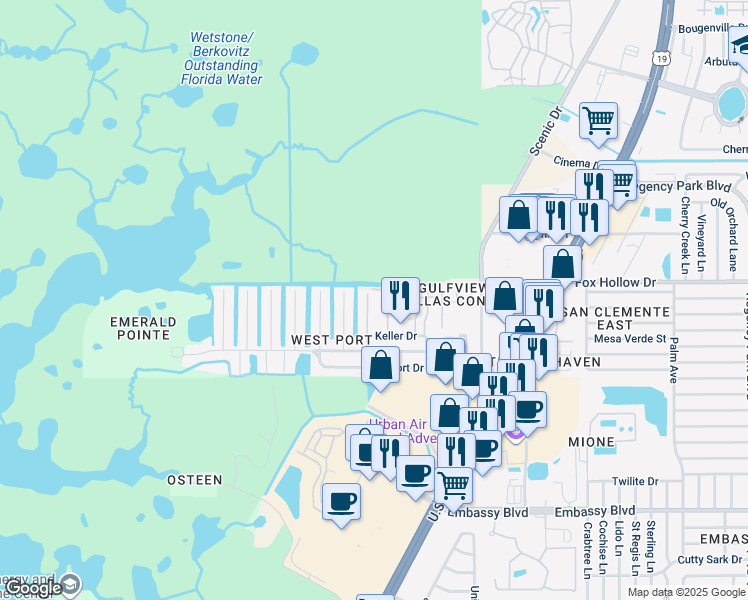 map of restaurants, bars, coffee shops, grocery stores, and more near 9931 Aquarius Drive in Port Richey