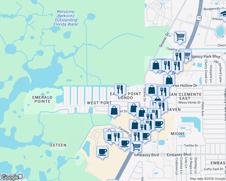 map of restaurants, bars, coffee shops, grocery stores, and more near 9926 Grace Drive in Port Richey