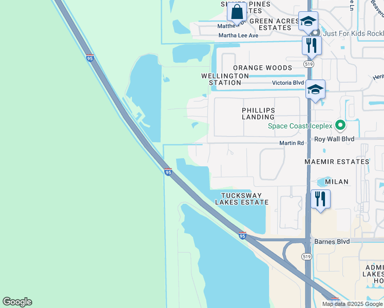 map of restaurants, bars, coffee shops, grocery stores, and more near 1401 Martin Road in Rockledge