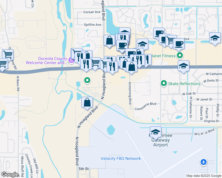 map of restaurants, bars, coffee shops, grocery stores, and more near 1109 North Hoagland Boulevard in Kissimmee