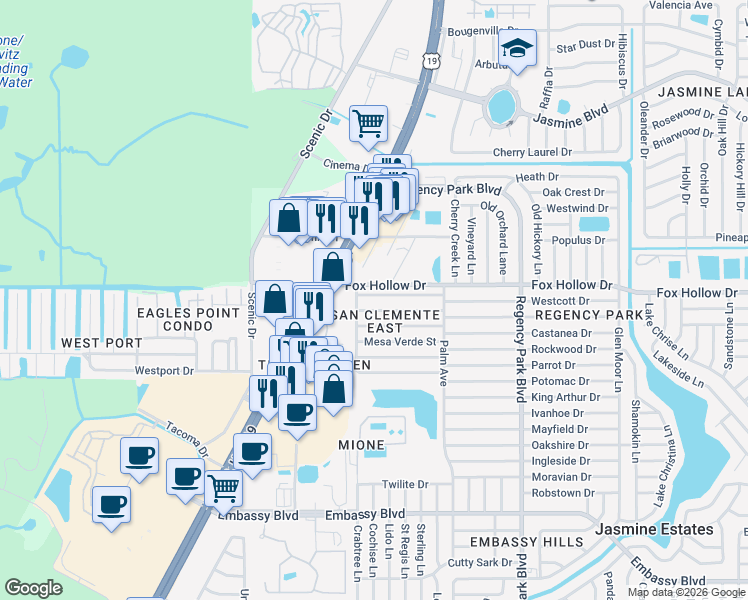 map of restaurants, bars, coffee shops, grocery stores, and more near 6741 Amarillo Street in Port Richey
