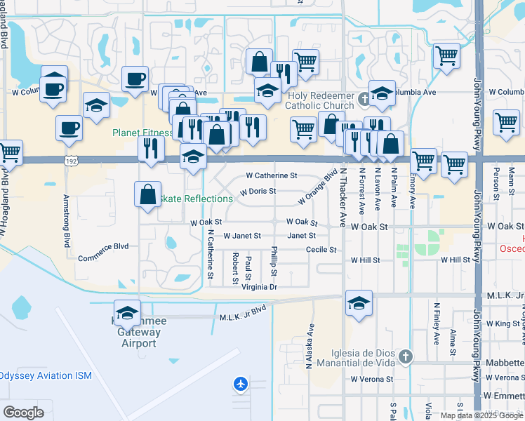 map of restaurants, bars, coffee shops, grocery stores, and more near 2406 West Orange Boulevard in Kissimmee